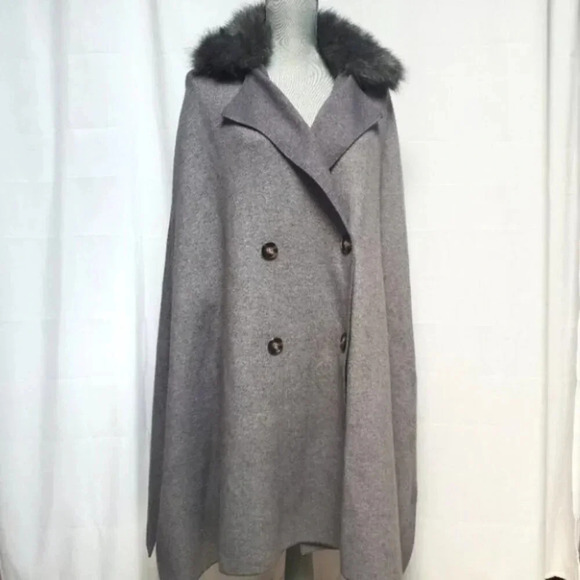 Zara Coat Jacket Fur Collar Knit Cape Poncho Faux Coat Jacket S - Picture 10 of 14